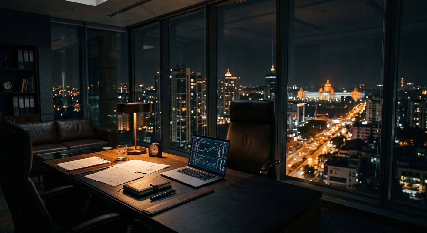 Executive office overlooking a city skyline at night